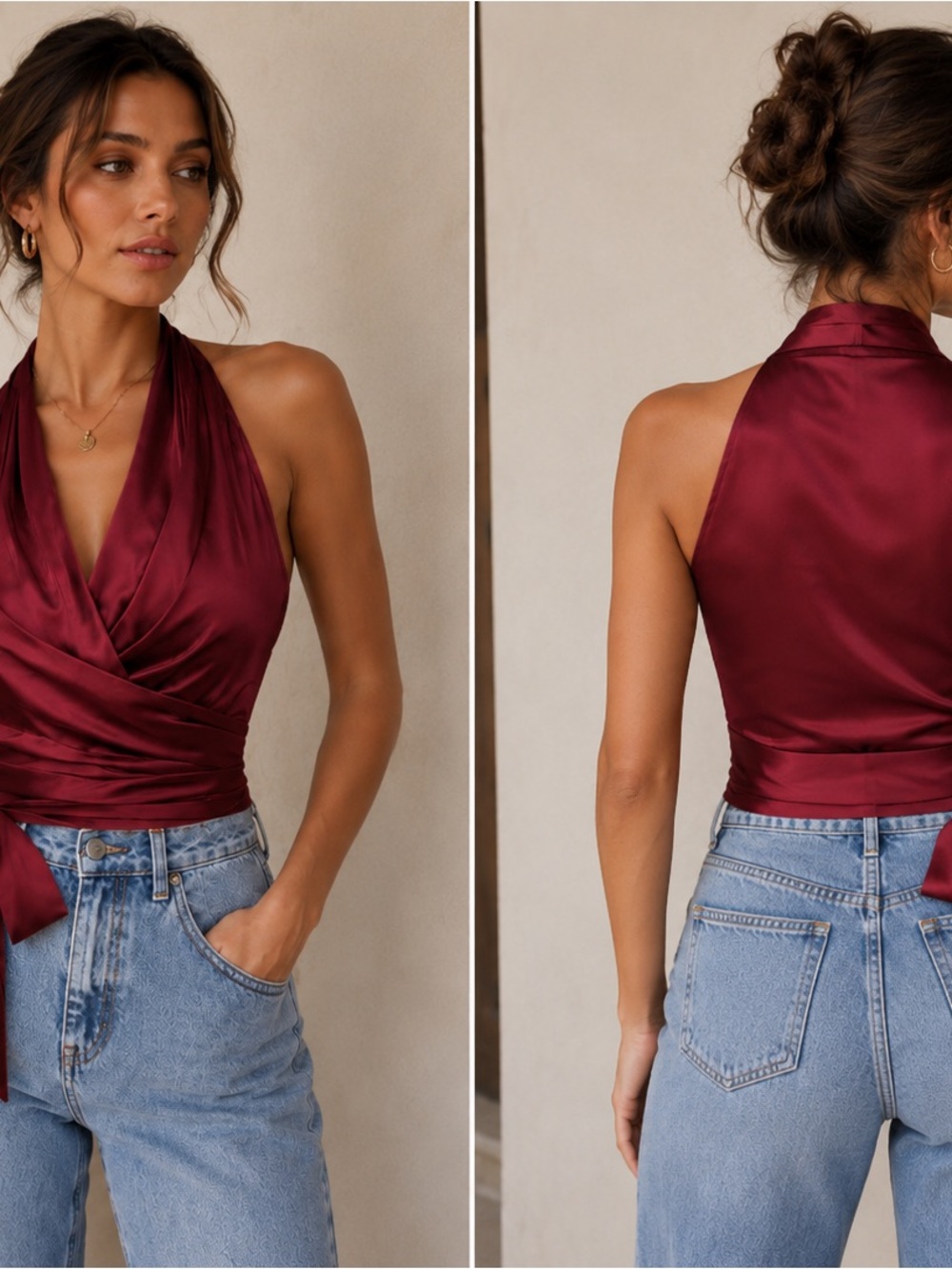 Satin Halter Wrap Top - Burgundy